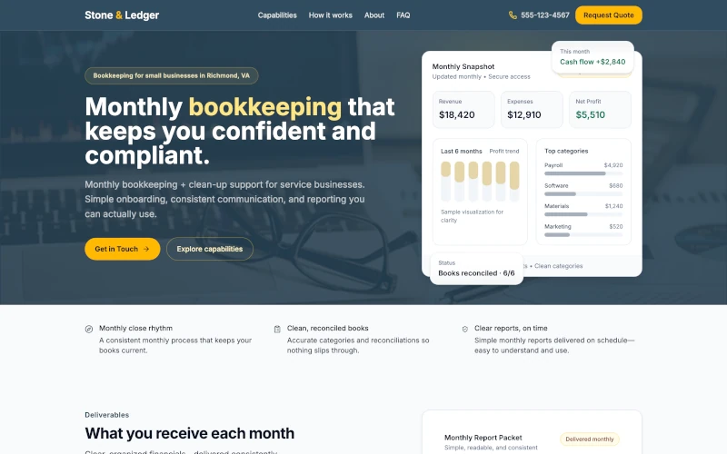 Stone & Ledger bookkeeper website homepage preview